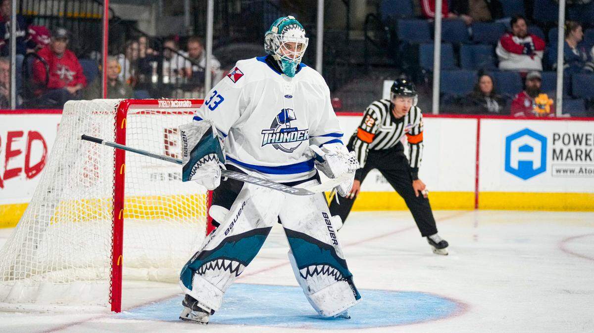 Strauss Mann, a 24-year-old goalkeeper, has goals of playing in the NHL some day. The Wichita Thunder consider themselves fortunate to have him on their roster for the time being.