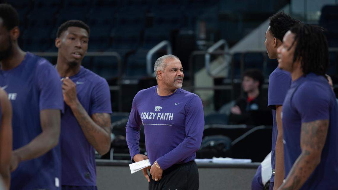 Kansas State coach Jerome Tang gets his team ready for practice at Madison Square Garden one day before a game against Michigan State in the East Regional semifinal of the 2023 NCAA Tournament.