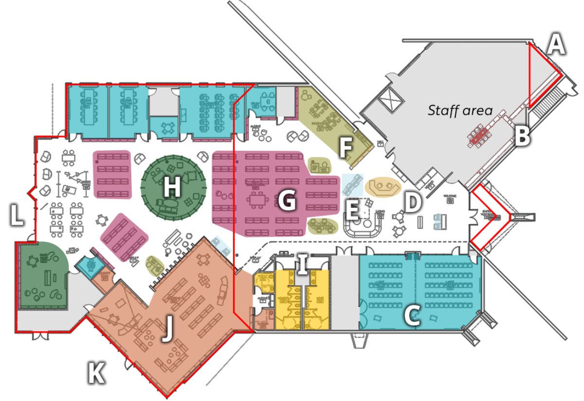 A look at the new Westlink Branch Library’s floor plan, from the Wichita Public Library’s website. The red outline shows the new add-ons.