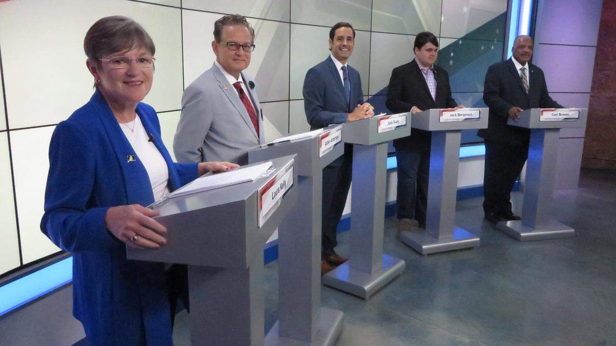 State Sen. Laura Kelly, left, has the backing of former Kansas Gov. Kathleen Sebelius in the Democratic primary Aug. 7. The other candidates are (from left) Arden Andersen, Josh Svaty, Jack Bergeson and Carl Brewer.