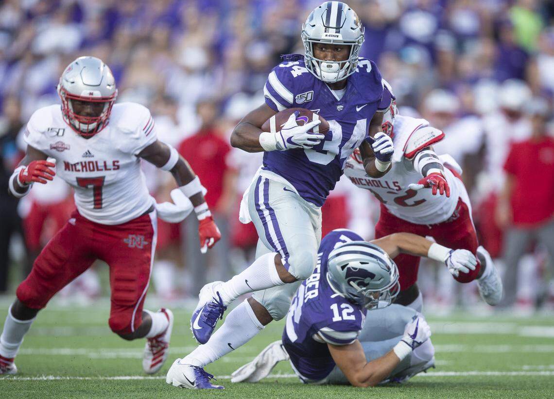 Kansas State running back James Gilbert heads for the end zone during the second quarter of their game against Nicholls State on Saturday night at Bill Snyder Family Stadium.