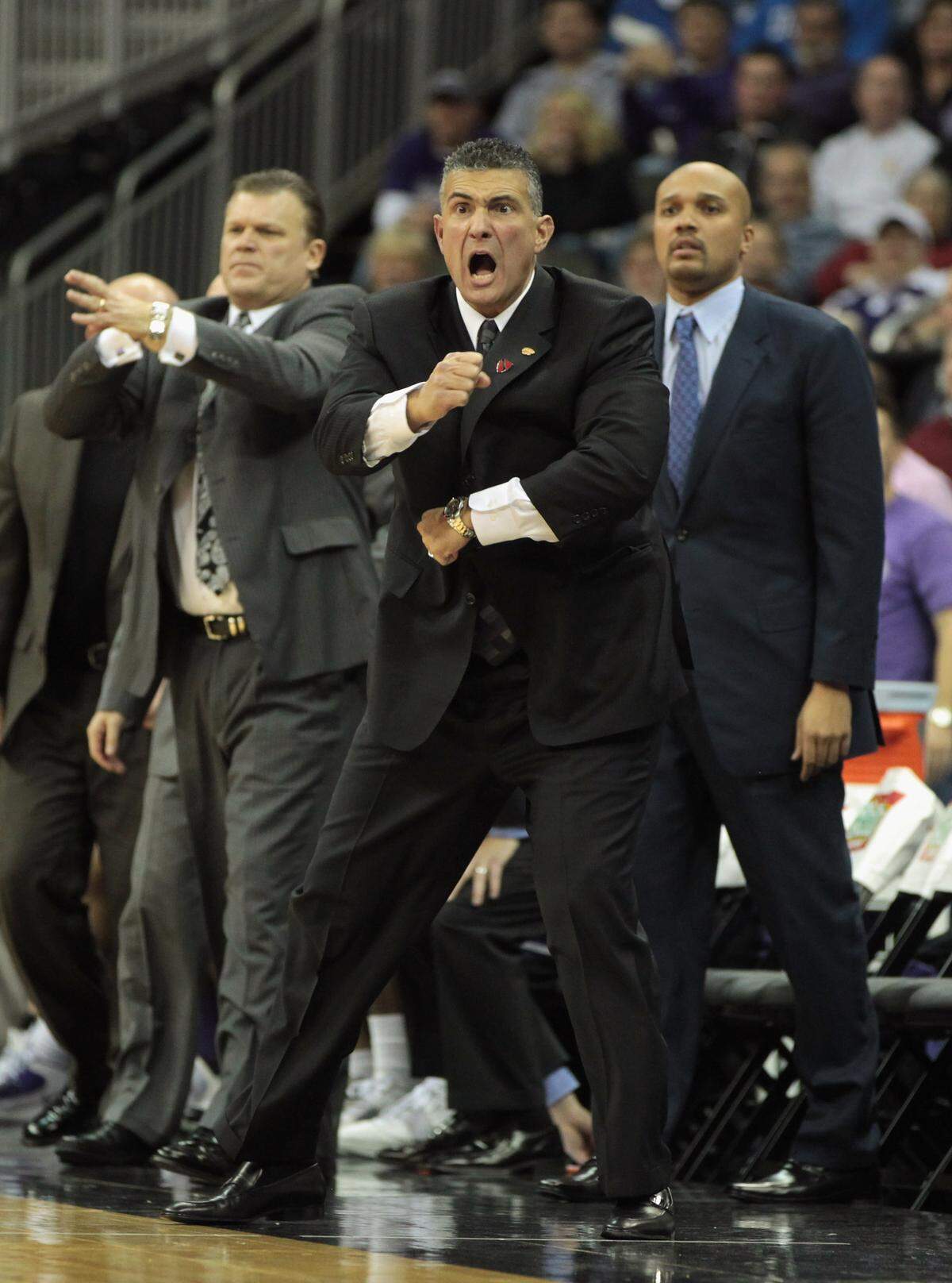 Head coach Frank Martin of the Kansas State Wildcats reacts from the bench during the CBE Classic game against the Gonzaga Bulldogs on November 22, 2010 at the Sprint Center in Kansas City, Missouri.