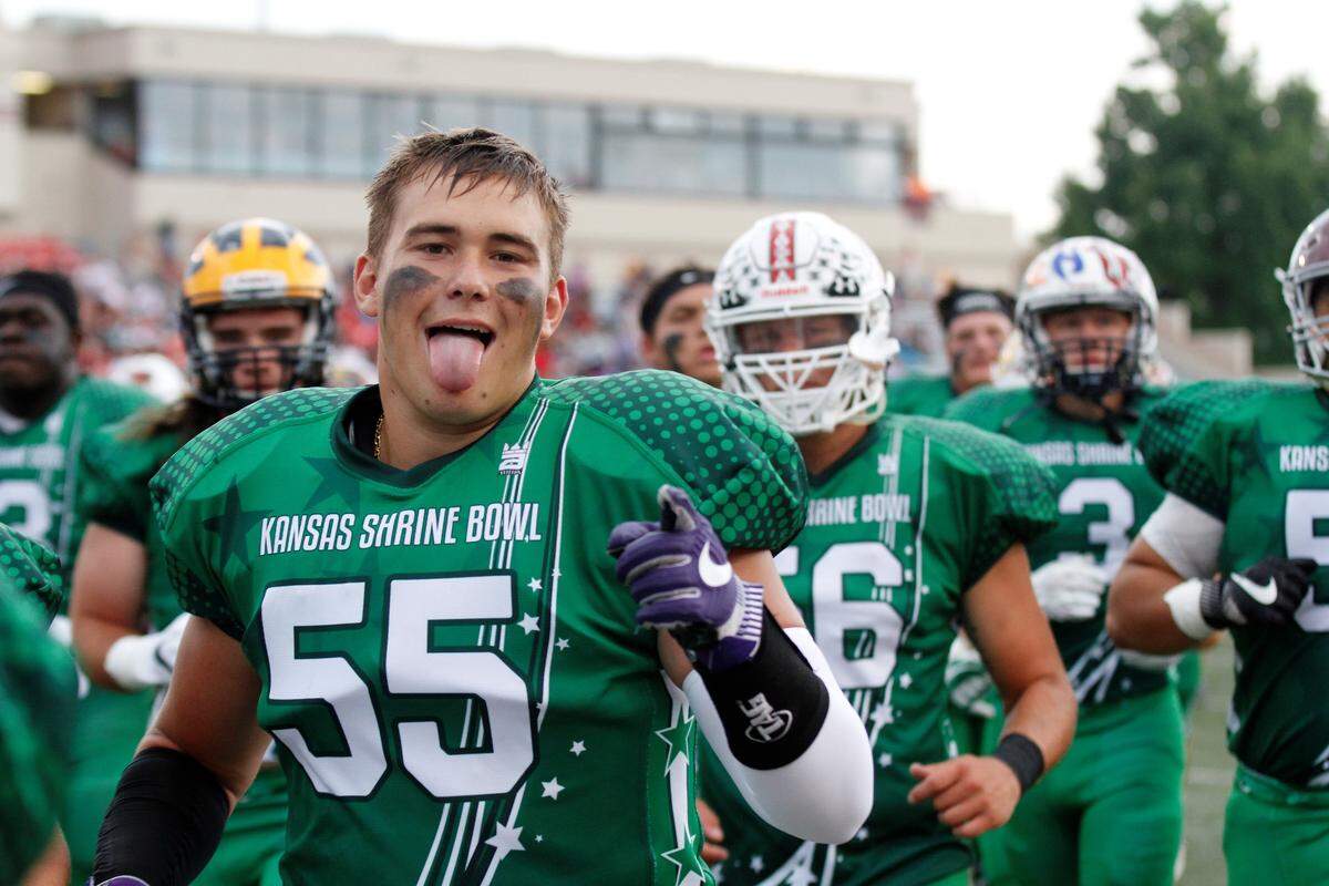 Plainville lineman Hayden Gillum has fun with the camera before the 2018 Kansas Shrine Bowl at Carnie Smith Stadium in Pittsburg, Kansas. The East beat the West 21-14. (July 28, 2018)