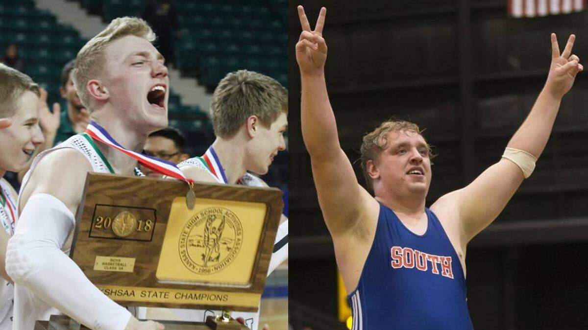 Carroll basketball's Luke Evans (left), South wrestling's Kasdon Arehart (right) celebrate winning state championships. KSHSAA announced changes to the winter sports championship venues Friday.