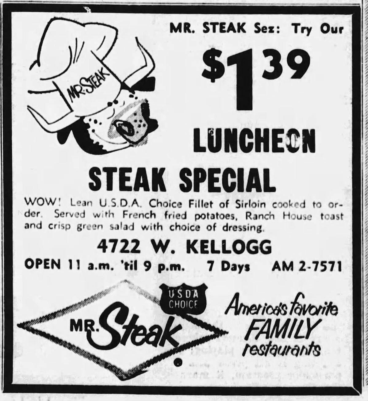 An ad that was printed in the Feb. 3, 1968, issue of The Wichita Beacon offers a steak luncheon special for $1.39.