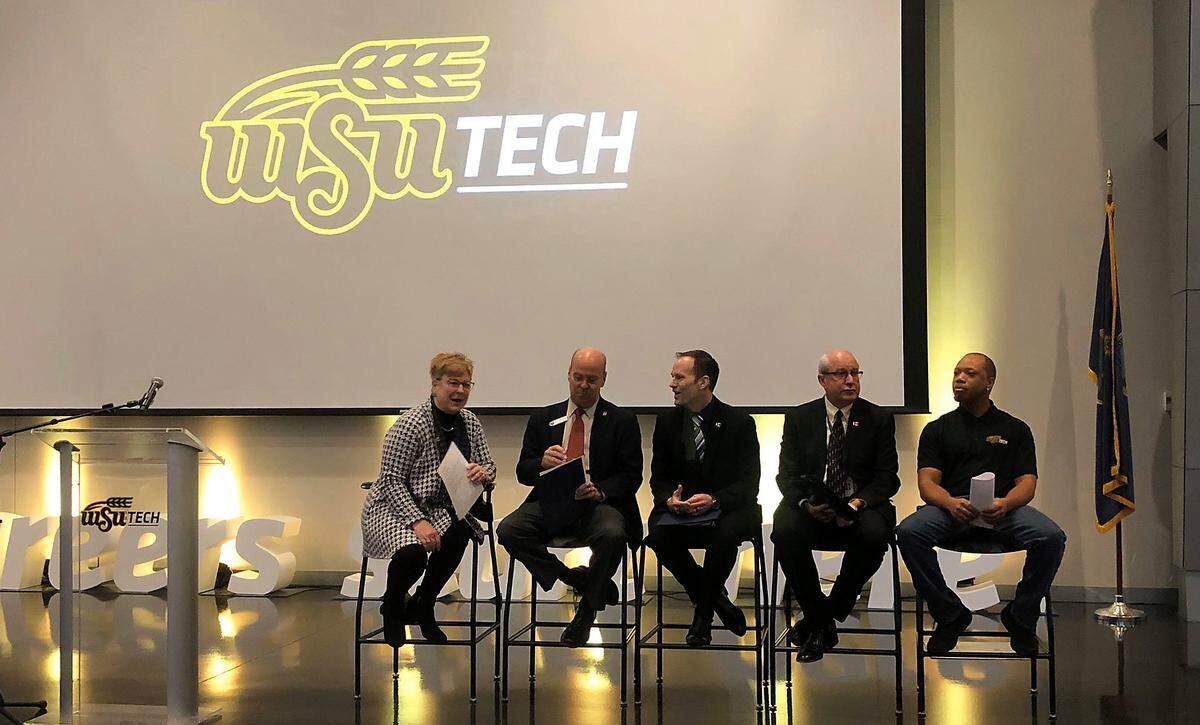 WSU’s Sheree Utash, Sedgwick County’s Pete Meitzner, Wichita Mayor Brandon Whipple, Workforce Center’s Keith Lawing and Robert Tallie, a WSU Tech grad affected by recent layoffs, all attended a WSU announcement in February about a new tuition free program aimed at keeping laid-off aviation workers in Wichita. The announcement followed the January news that Spirit AeroSystems would lay off 2,800 people as a result of the 737 Max grounding.