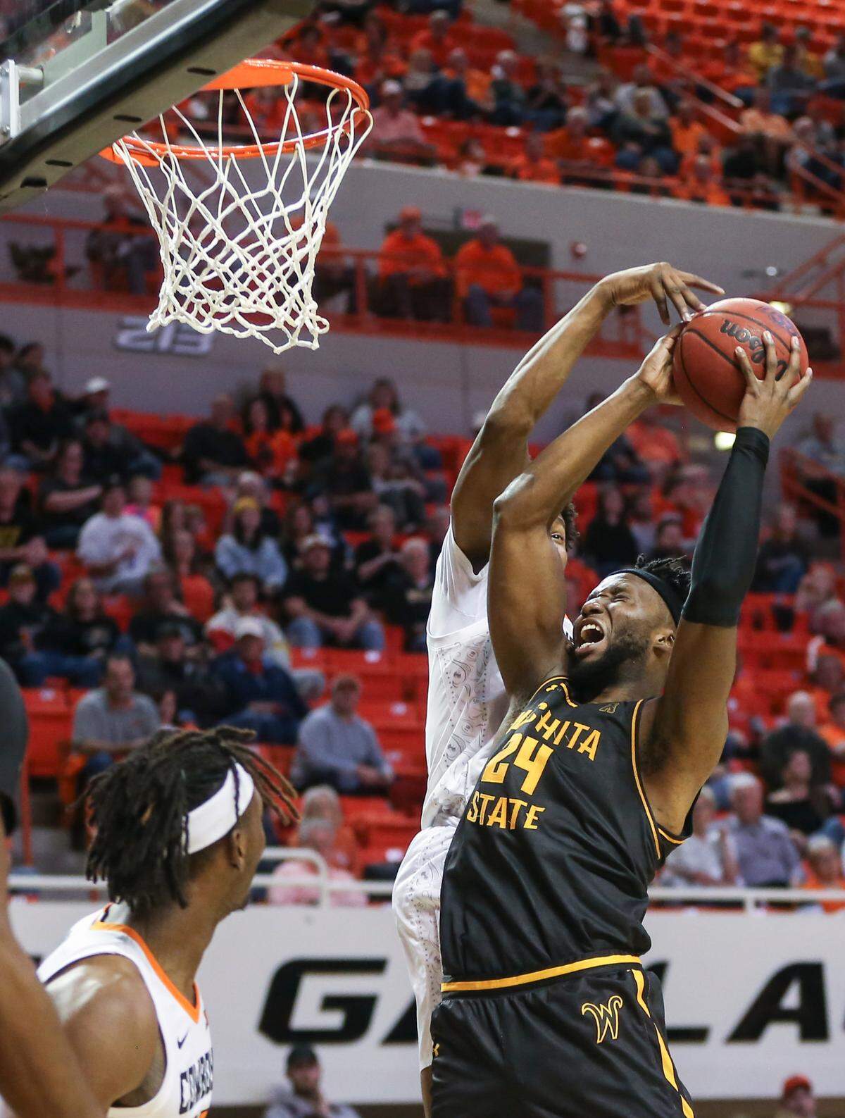 Wichita State’s Morris Udeze goes to the basket against Oklahoma State during the second half on Wednesday in Stillwater.