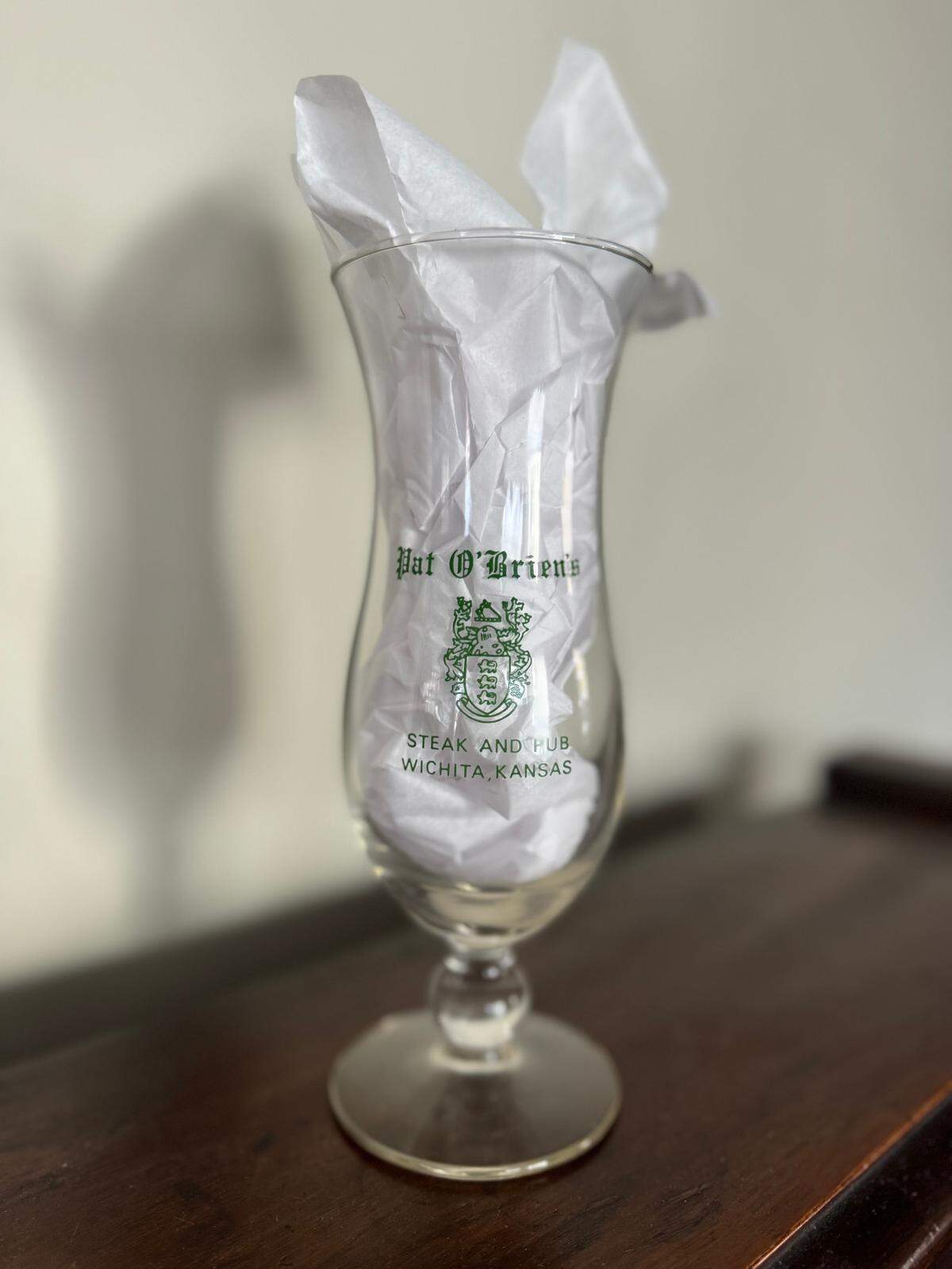 A vintage Pat O’Brien’s drinking glass was discovered this year at a Wichita estate sale