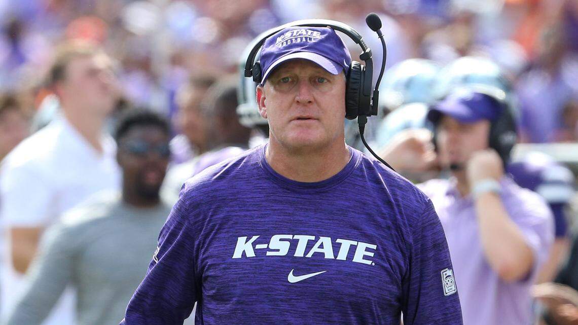 Kansas State Wildcats head coach Chris Klieman looks at his team during a timeout against the Oklahoma State Cowboys at Bill Snyder Family Football Stadium.