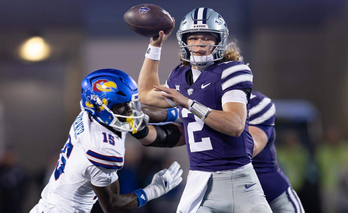 Kansas State’s Avery Johnson looks to pass during the second quarter of the Sunflower Showdown game against Kansas on Saturday, Oct. 26, 2024, at Bill Snyder Family Stadium.