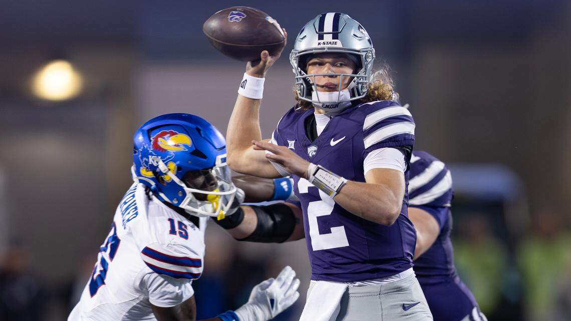 Kansas State’s Avery Johnson looks to pass during the second quarter of the Sunflower Showdown game against Kansas on Saturday, Oct. 26, 2024, at Bill Snyder Family Stadium.