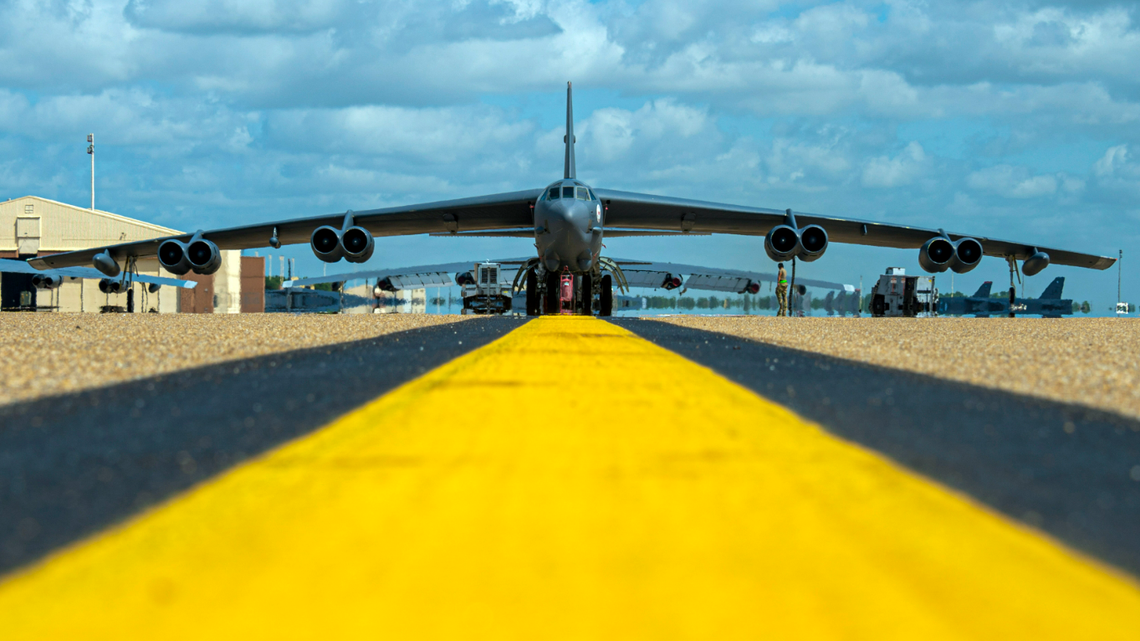 A U.S. Air Force B-52H Stratofortress bomber assigned to the 307th Bomb Wing goes through an engine check June 24, 2021, at Barksdale Air Force Base, Louisiana.