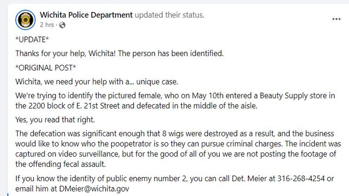 Wichita police say a woman defecated in the the aisle of a beauty supply store, destroying about $200 worth of wigs on May 10.