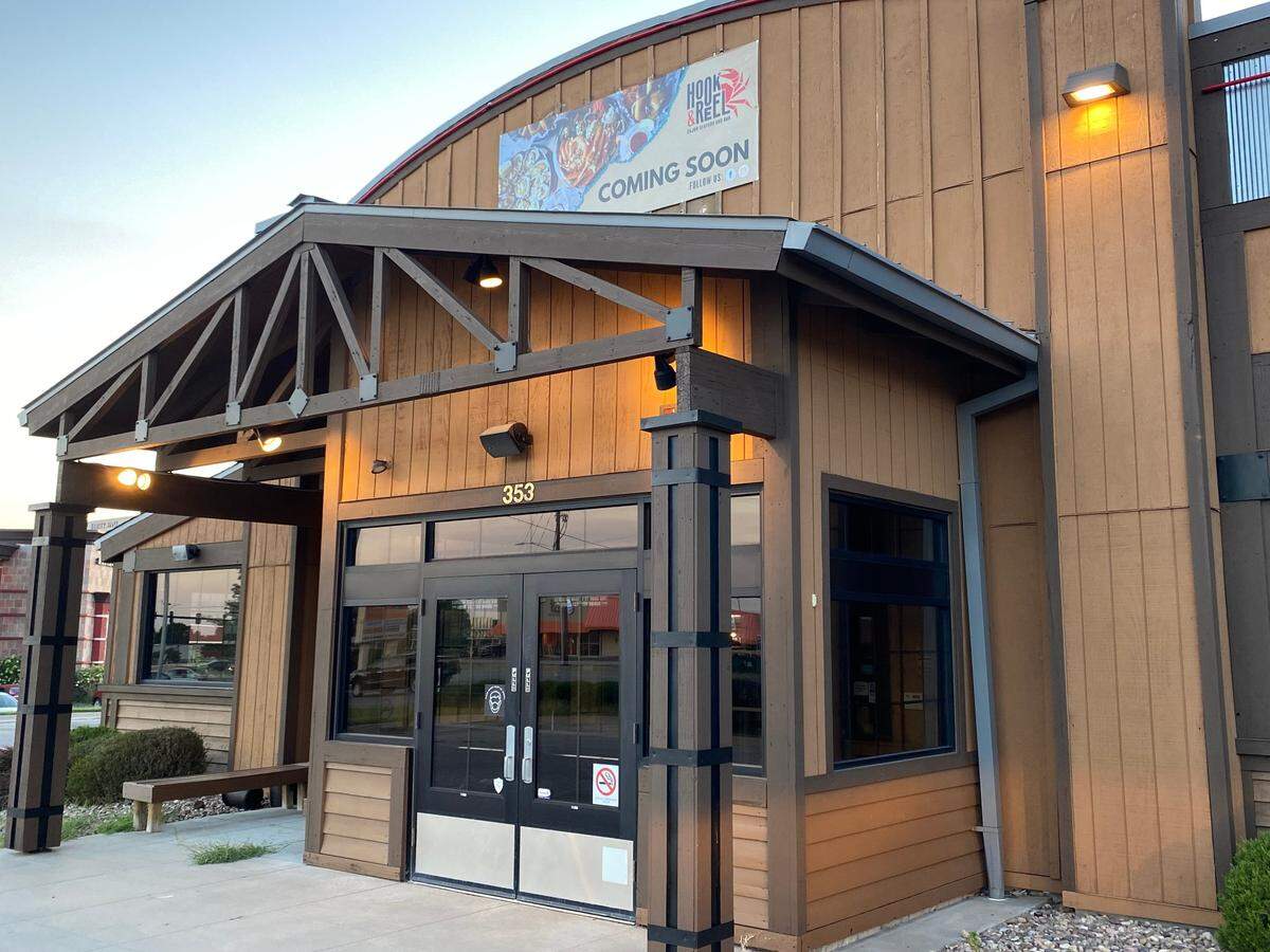 A sign for Hook & Reel, a Cajun seafood restaurant, recently appeared on the old Logan’s Roadhouse space near Kellogg and Rock in Wichita.
