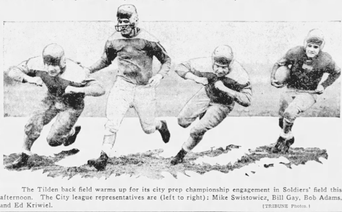 An old newspaper clip in the Chicago Daily Tribune shows Ed Kriwiel (far right) on the Tilden Tech football team that won the 1944 Chicago City Championship.