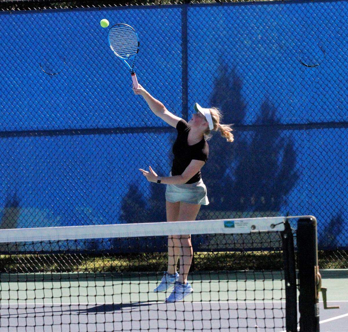 Collegiate seinor Hannah Geoffroy strikes a serve during her doubles final at the 2018 Collegiate Tourament of Champions on Saturday. (Sept. 22, 2018)
