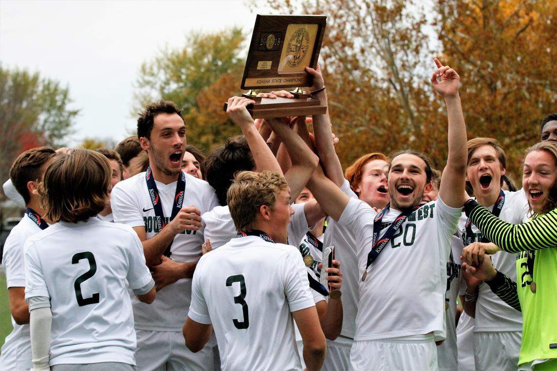 Blue Valley Southwest celebrated its second straight Kansas Class 5A state soccer championship trophy after its 6-0 win over Maize South on Saturday in Topeka. (Nov. 3, 2018)