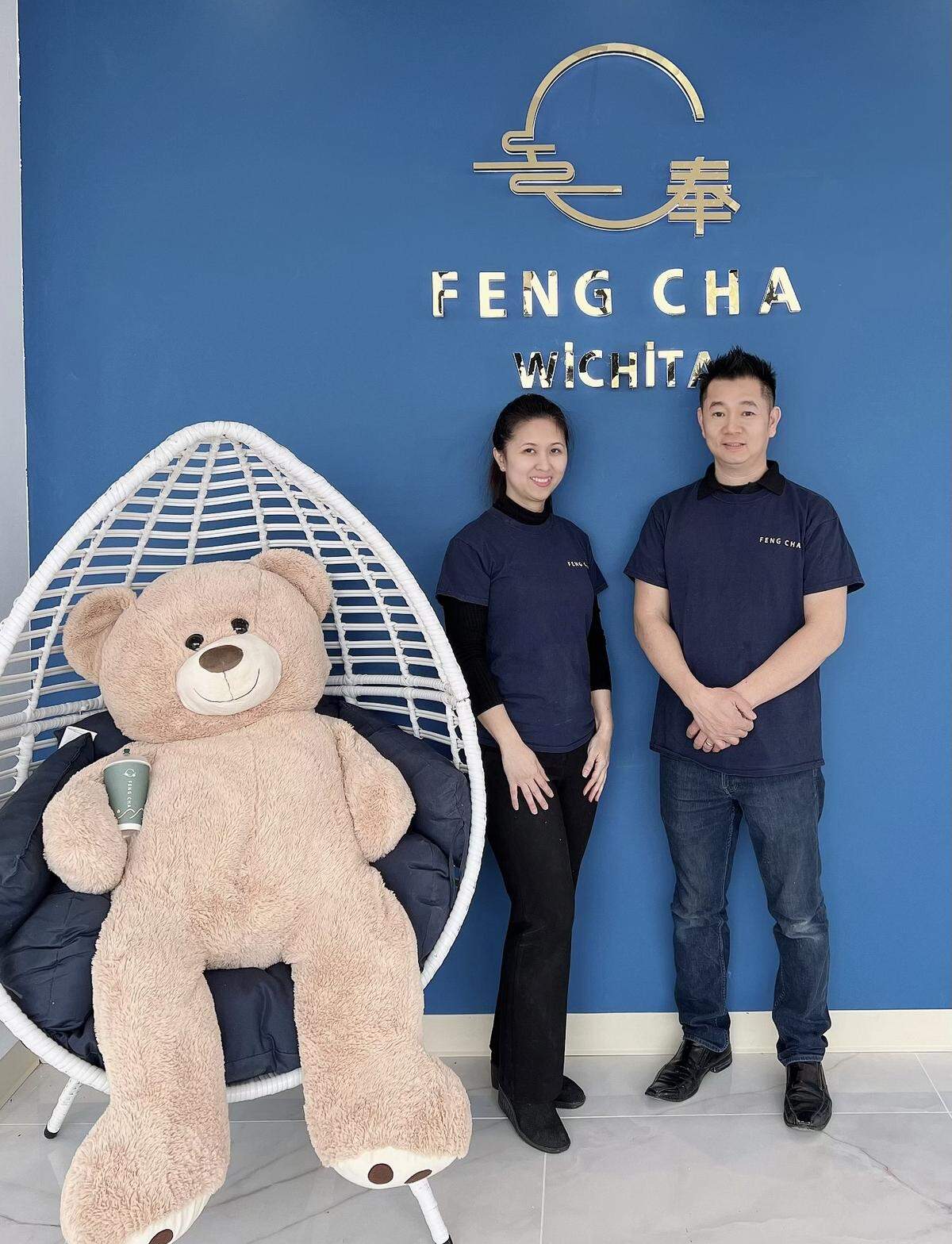 Cam Ngo, left, and husband Kevin Nguyen are the franchisees of the new Feng Cha boba tea shop at Kellogg and Rock.