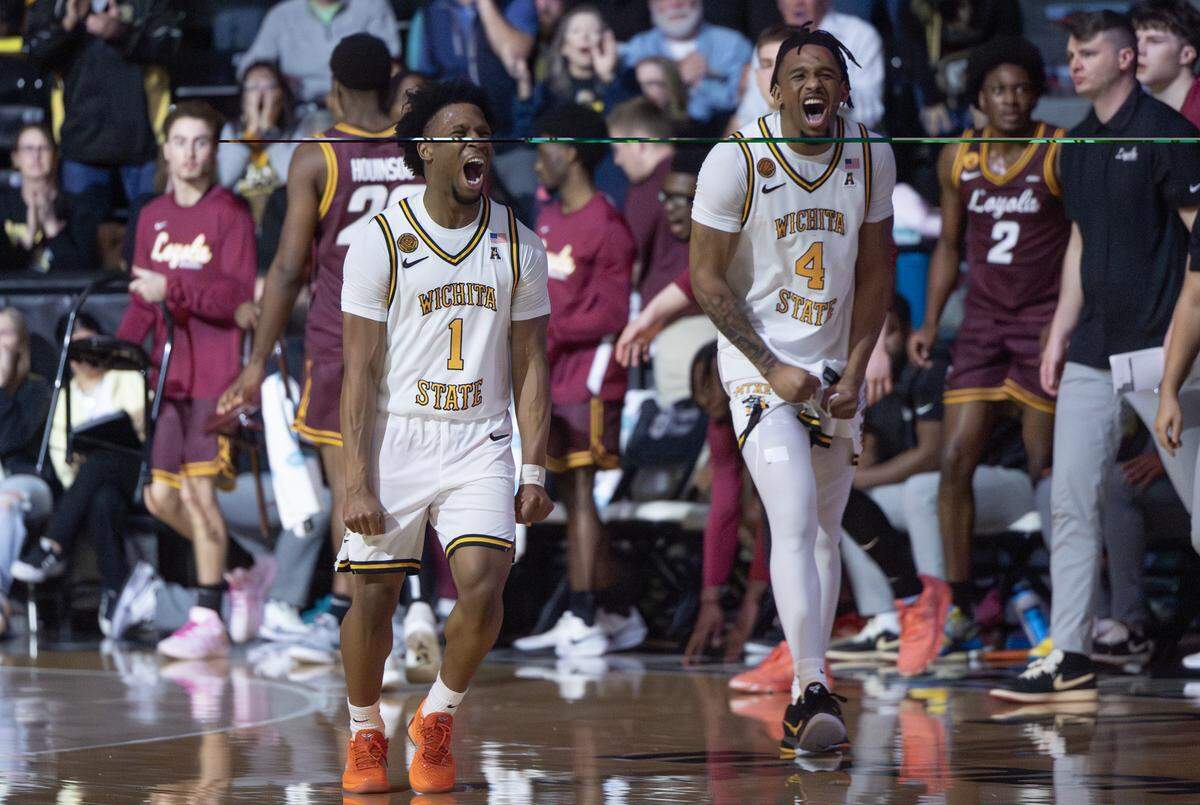 Wichita State’s Kenyon Giles celebrates another three pointer during the second half of their game against Loyola at Koch Arena on Thursday.