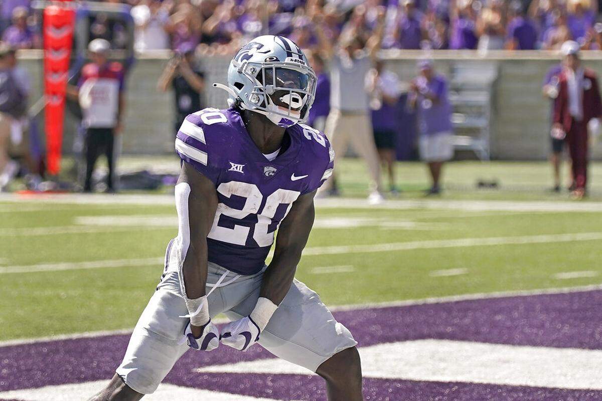 Kansas State running back Joe Ervin (20) celebrates after scoring a touchdown during the first half of an NCAA college football game against Nevada Saturday, Sept. 18, 2021, in Manhattan, Kan. (AP Photo/Charlie Riedel)