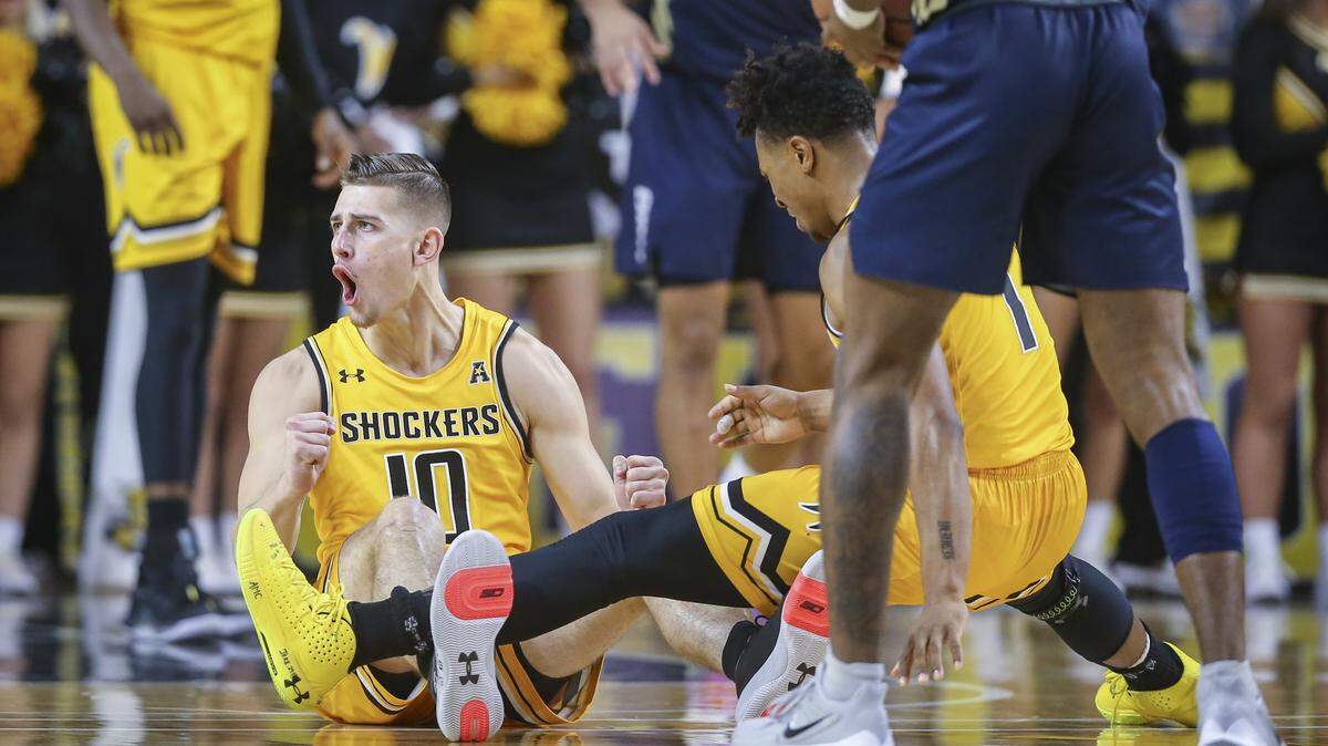 Wichita State’s Erik Stevenson can’t believe a foul call against Oral Roberts during the second half at Koch Arena on Saturday.