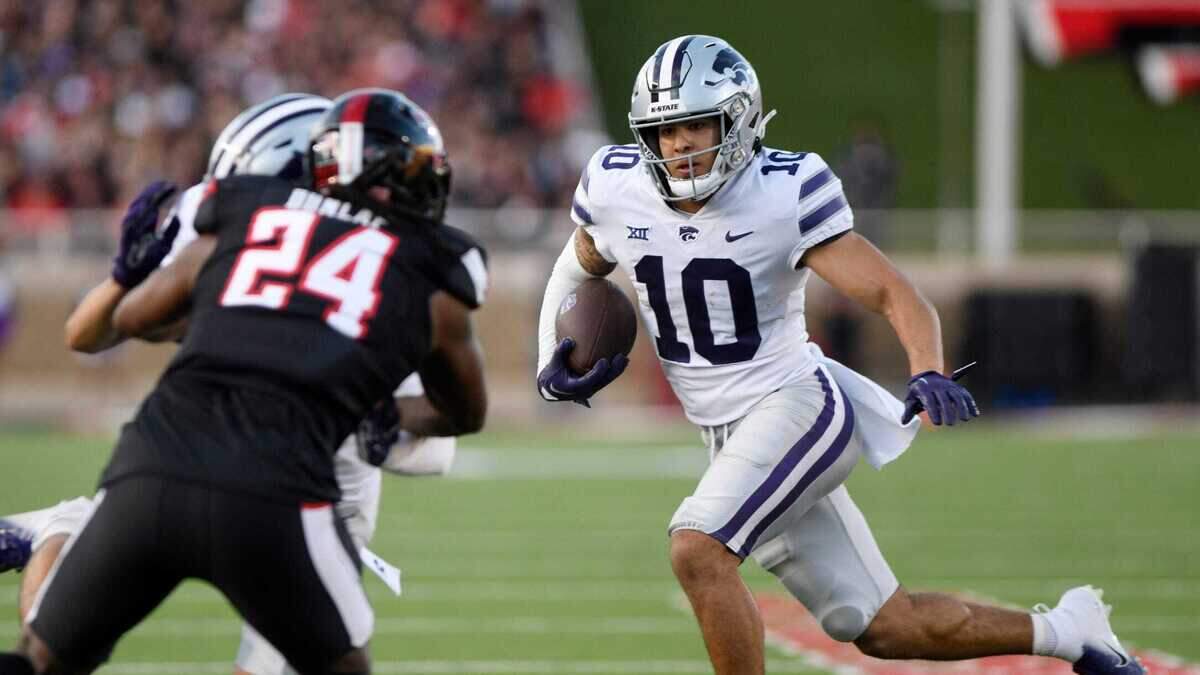 Kansas State’s wide receiver Keagan Johnson (10) runs with the ball against Texas Tech in a Big 12 conference football game, Saturday, Oct. 14, 2023, at Jones AT&T Stadium.