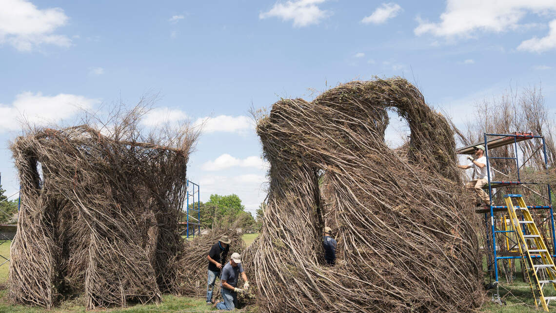 Mark Arts outdoor installation transforms twigs into artistic structures