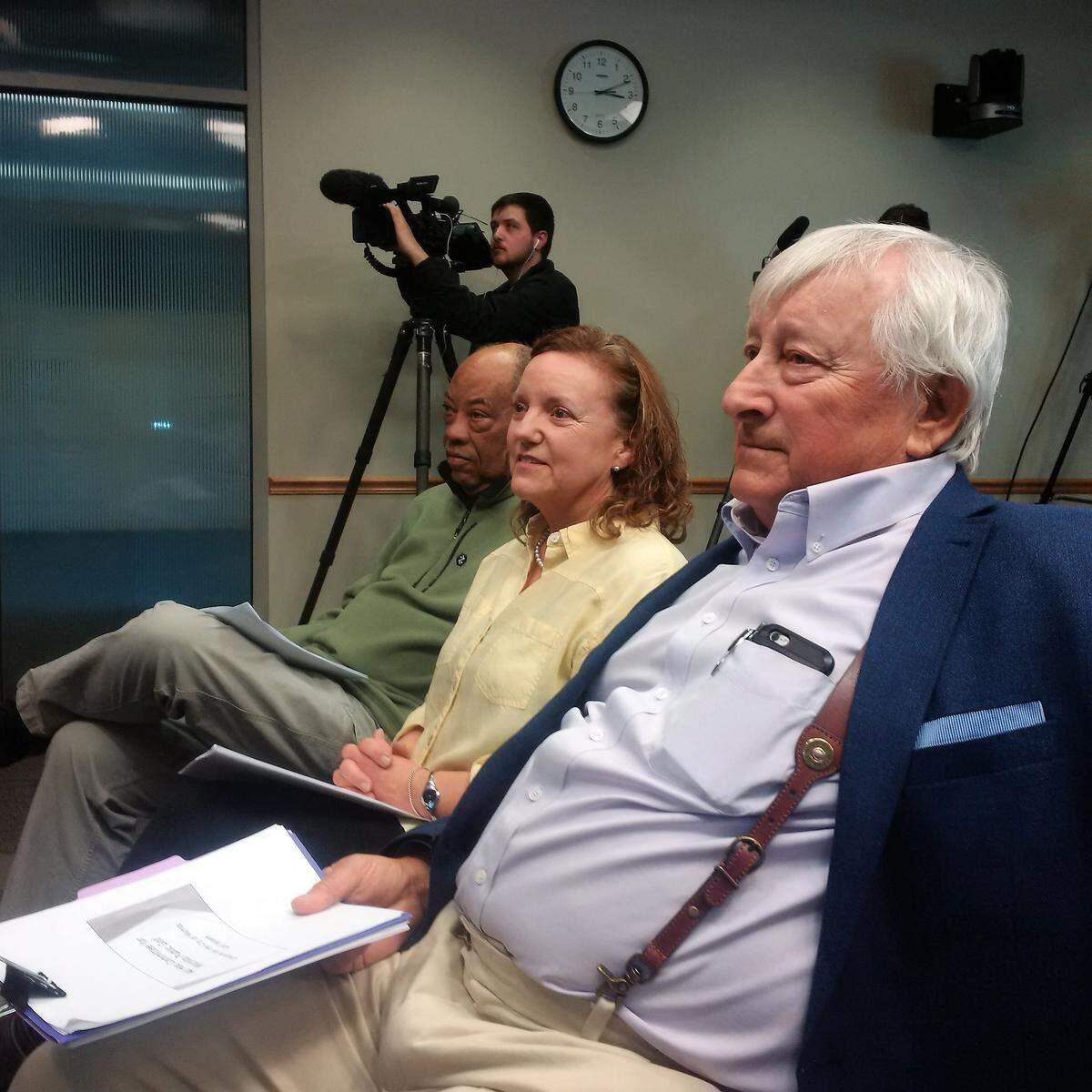 From left to right, former Wichita City Manager George Kolb, Golf Committee member Cindy Renard and former city lobbyist Dale Goter watch the proceedings at the Park Board meeting. All three are members of an ad hoc committee seeking to improve golf in Wichita.