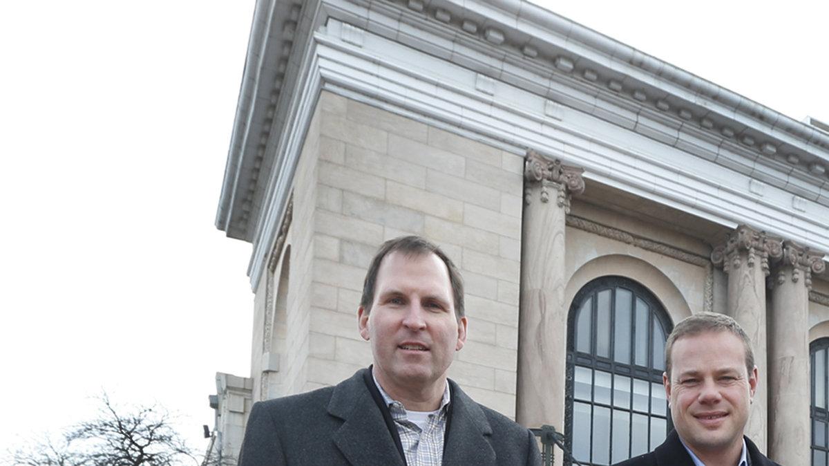 Patrick Ahern, a broker with NAI Martens, Chad Stafford, President of Occidental Management and Gary Obornry, Owner of Occidental Management, left to right, stand in front of Union Station. Occidental Management closed on Union Station Friday and hopes to fill it with restaurants, bars and offices. (Feb. 1, 2013)