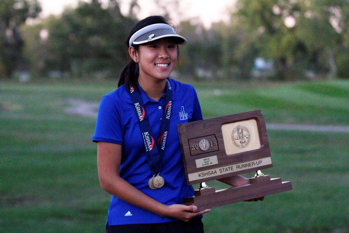 Andover sophomore Tiffany Chan won the Kansas Class 5A girls golf state championship with a 5-over, 76 on Tuesday at Hesston Golf Park. (Oct. 16, 2018)