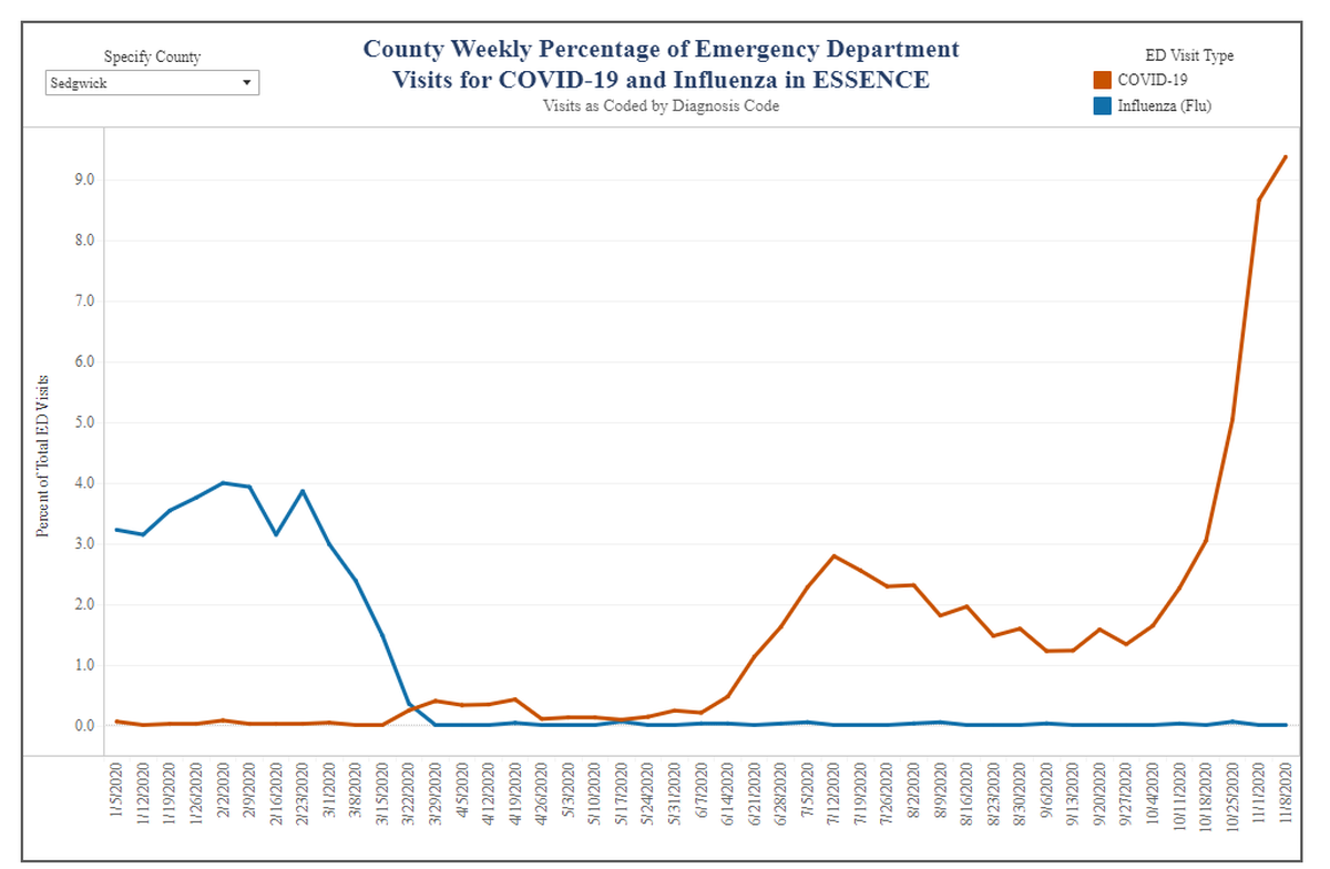 The KDHE reported that about 9.4% of hospital emergency department visits in Sedgwick County last week were for COVID-19. The number was about 0% for the flu. (Nov. 18, 2020)
