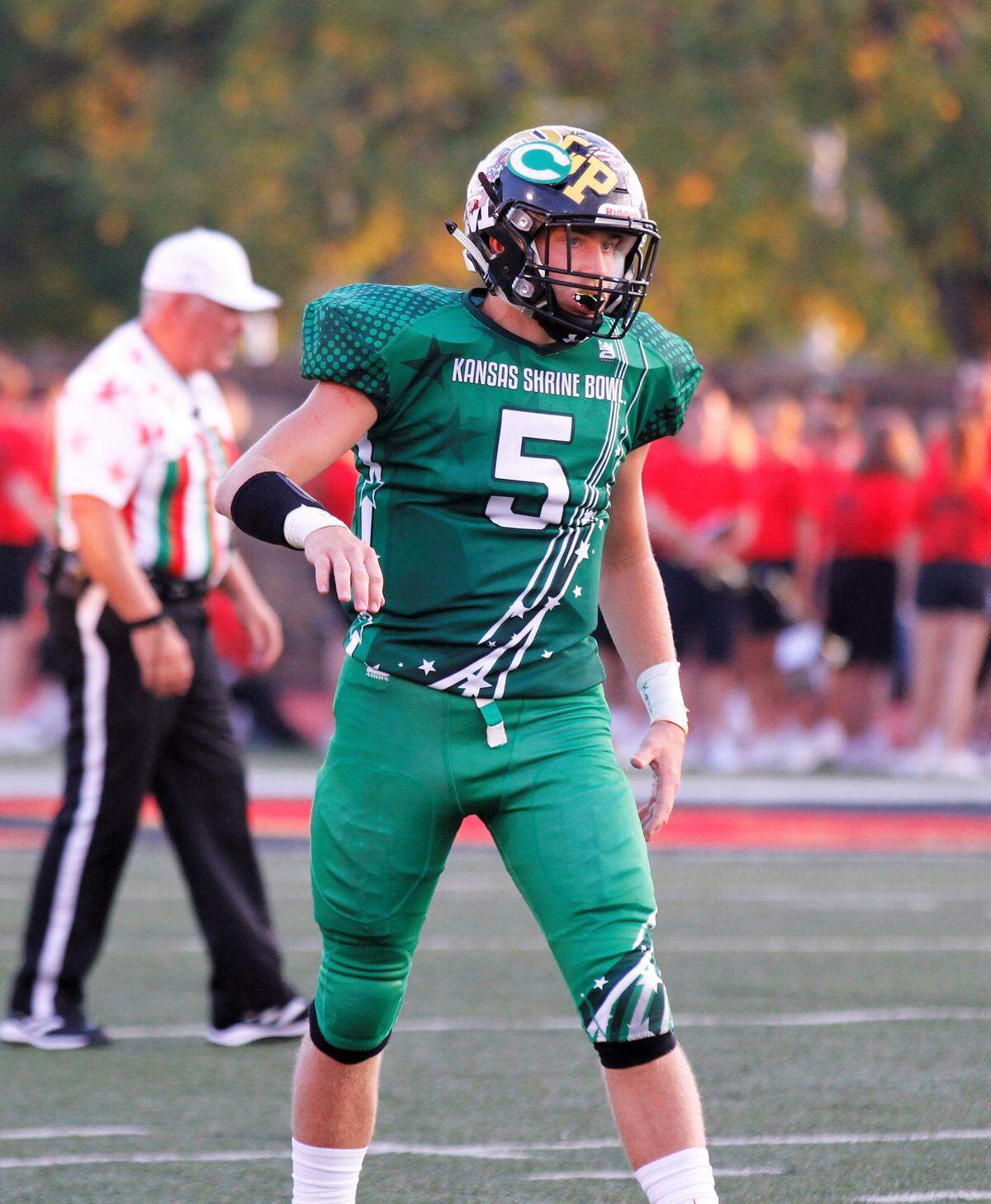 Eisenhower receiver Tanner King checks with the referee at the line of scrimmage during the 2018 Kansas Shrine Bowl at Carnie Smith Stadium in Pittsburg, Kansas. The East beat the West 21-14. (July 28, 2018)