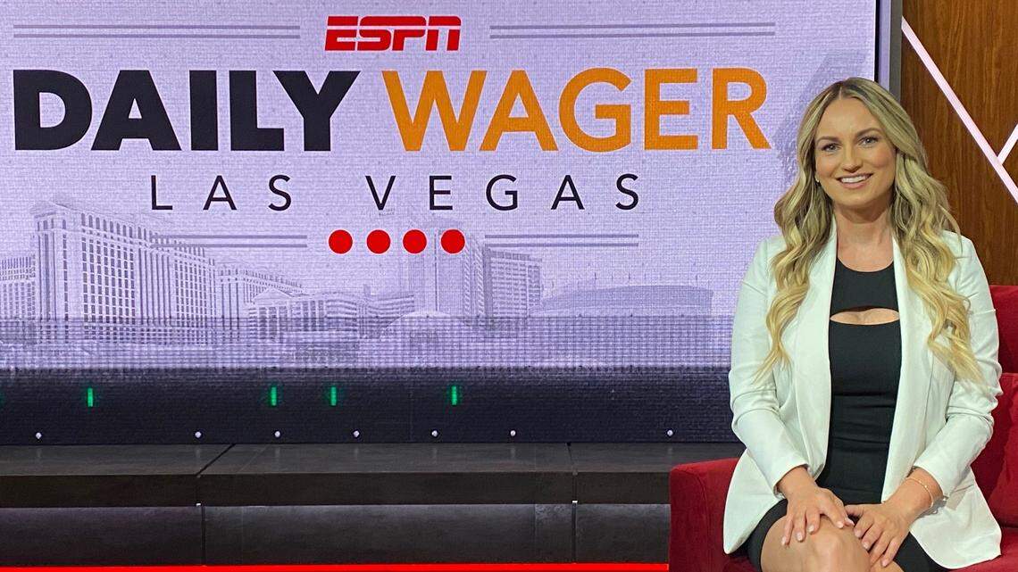 Kelly Stewart sits on the set of the ESPN show “Daily Wager”