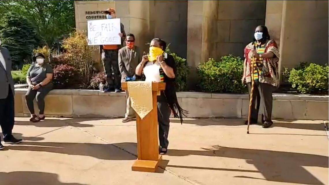 Kansas Sen. Oletha Faust-Goudeau, during a demonstration outside the Sedgwick County Courthouse, said African Americans have been left out of key decisions during the coronavirus crisis.