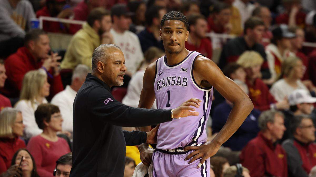Kansas State Wildcats forward David N’Guessan (1) gets instructions from coach Jerome Tang during a game vs. Iowa State at Hilton Coliseum on Jan. 24, 2024.