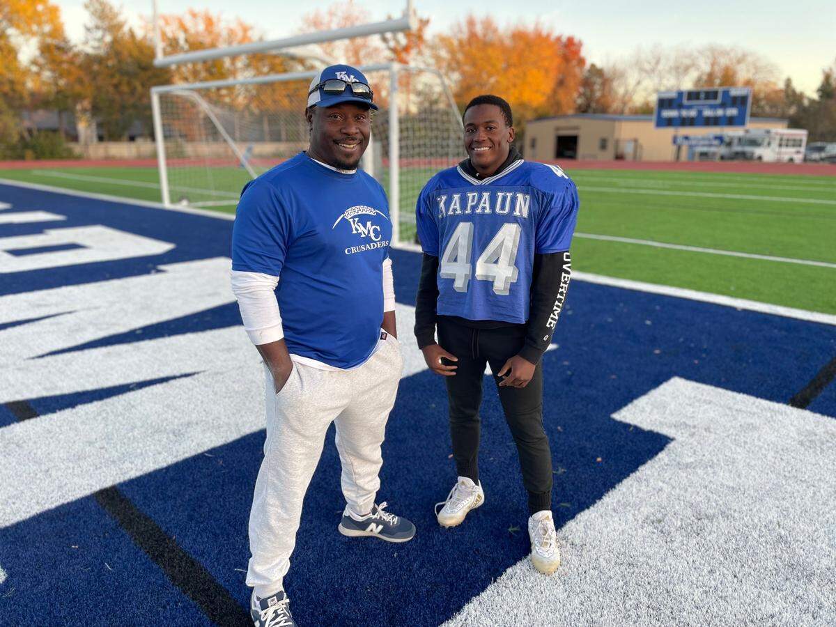 Idris Elias (left) was an all-state running back and linebacker for Weston Schartz for Wichita West in 1996. Now his son, Omari (right), is a star running back this season for Schartz at Kapaun.