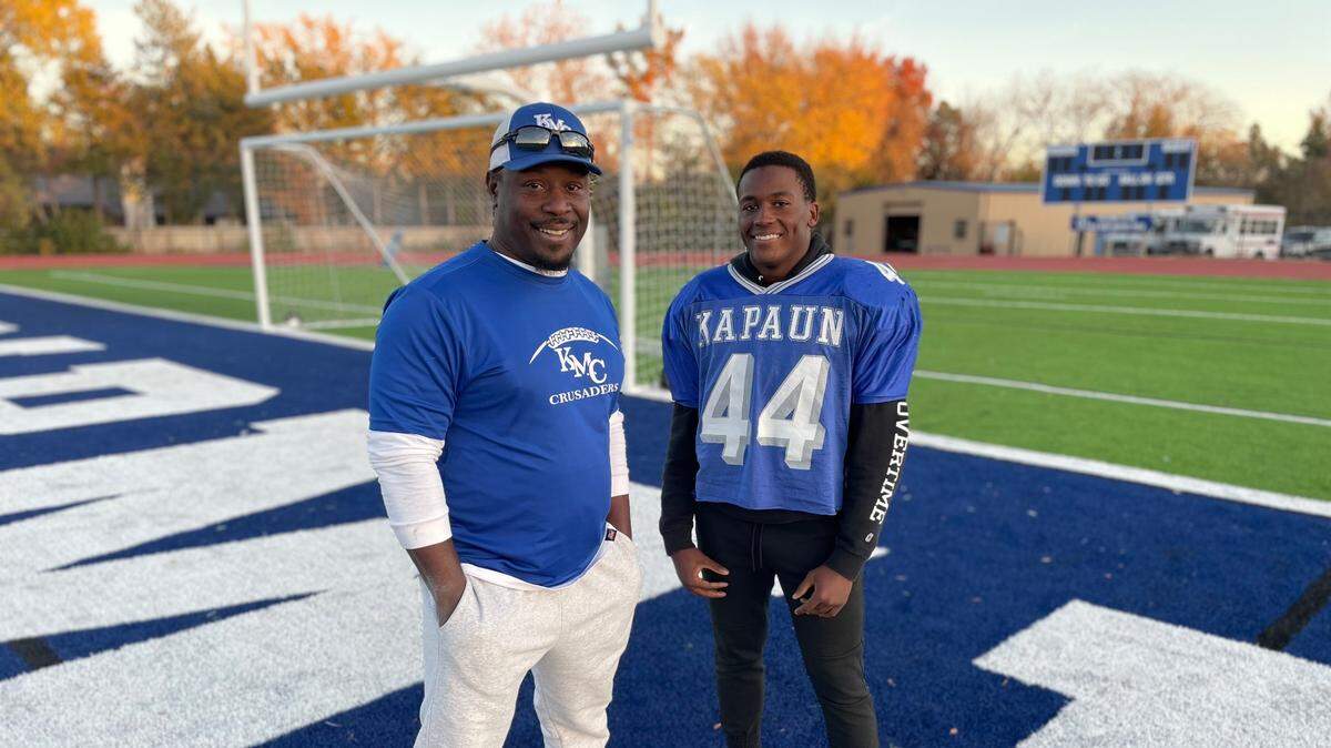 Idris Elias (left) was an all-state running back and linebacker for Weston Schartz for Wichita West in 1996. Now his son, Omari (right), is a star running back this season for Schartz at Kapaun.