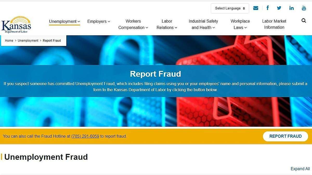 Kansas Department of Labor has a section on its website for reporting unemployment fraud.