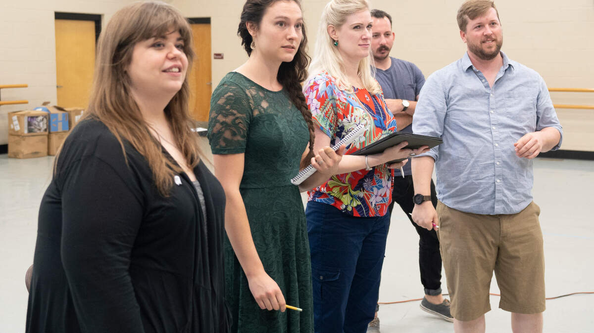 Cast members of Staggerwing rehearse the opera about the flight of aviatrixes Louis Thaden and Blanche Noyes as they competed for the transcontinental 1936 Bendix Trophy Race. The shows will be will be held July 30 and August 1 at the Kansas Aviation Museum. (July 20, 2021)