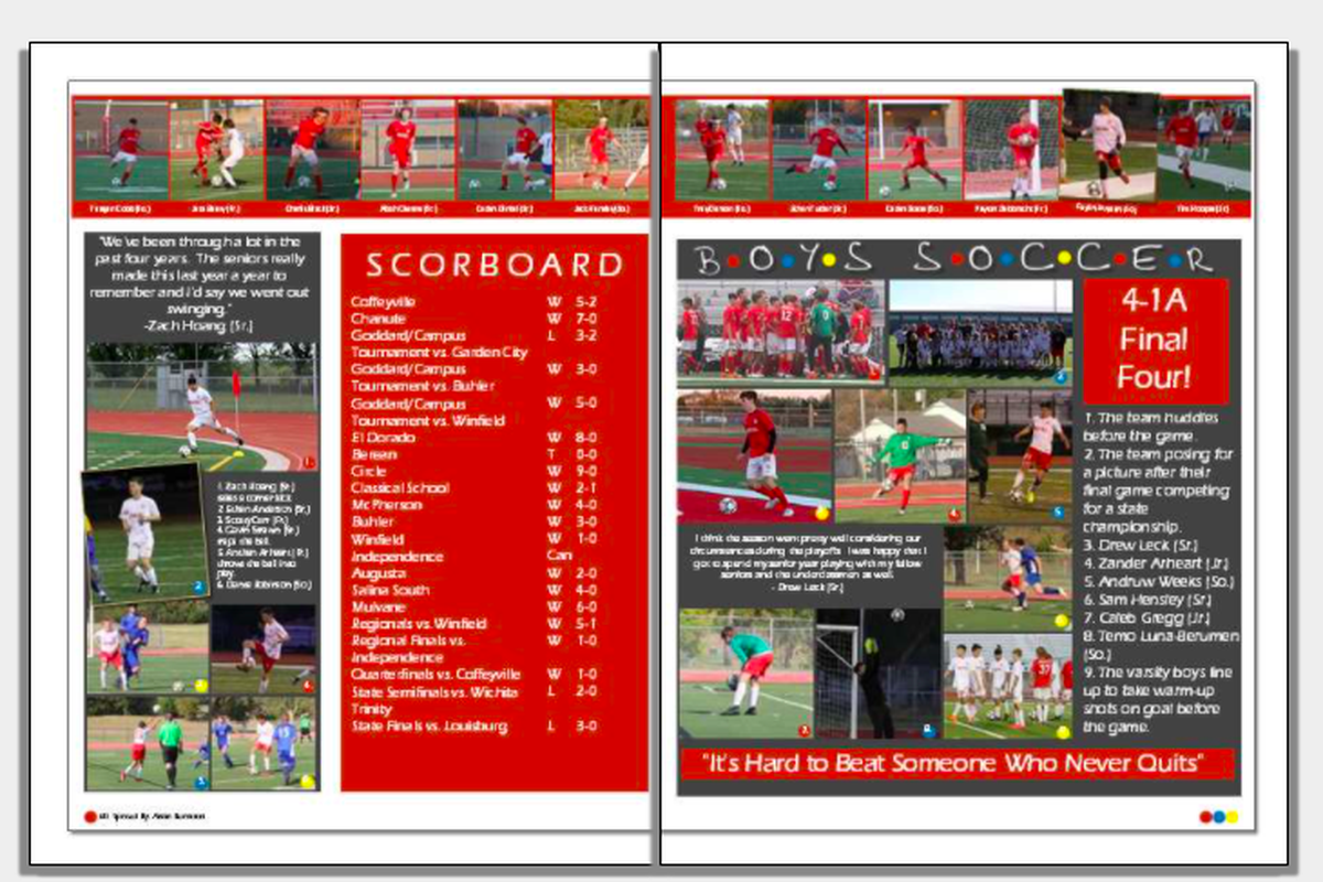 A spread about boys’ soccer for the 2020-2021 yearbook, The Flame, at Rose Hill High School.