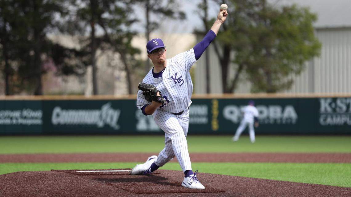 Kansas State pitcher Jordan Wicks on the mound against Oklahoma at Tointon Family Stadium.