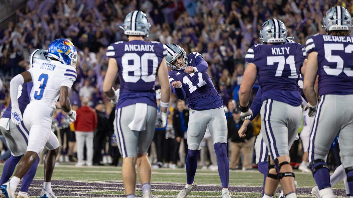 Kansas State kicker Chris Tennant celebrates a 51-yard field goal in the fourth quarter that gave the Wildcats a 29-27 win over Kansas on Saturday, Oct. 26, 2024. 