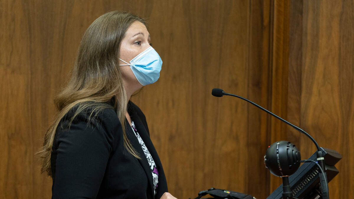 Liz Hamor speaks to the Sedgwick County Commission during a special meeting regarding a mask mandate that was proposed by Dr. Gerald Minns earlier in the day. Hamor spoke in favor of the proposed mandate.