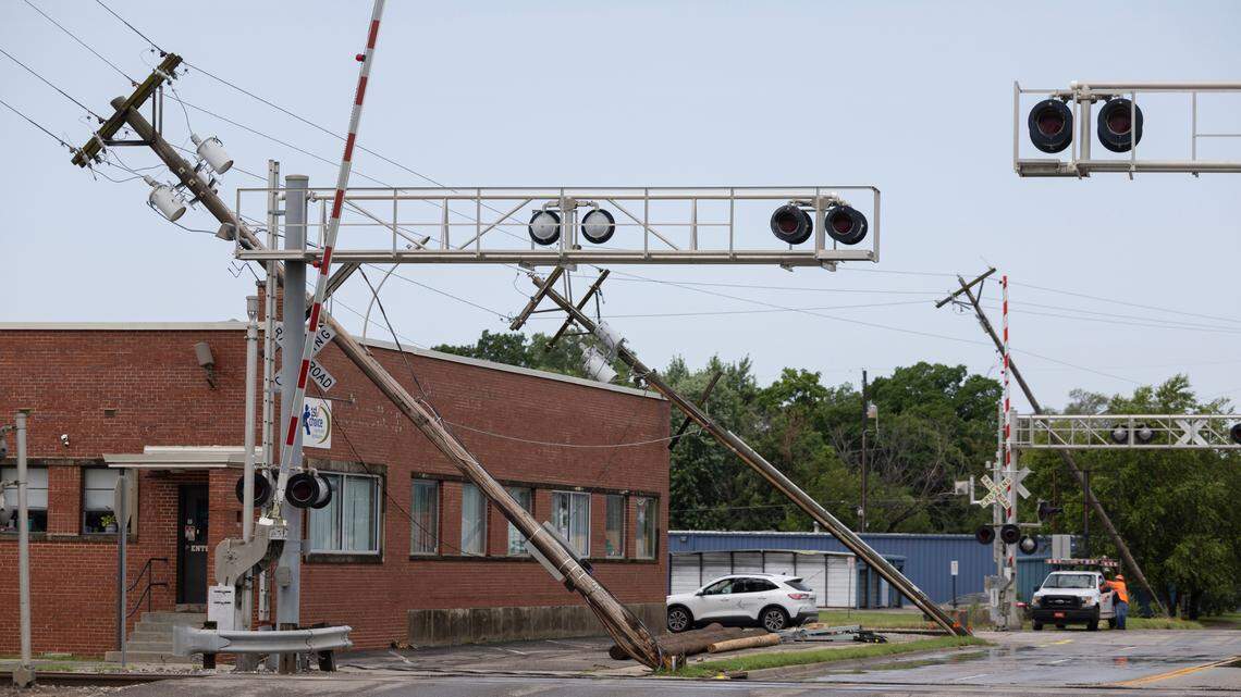 A series of power lines collapsed early Tuesday morning near Lincoln and Washington after a storm brought 100 mph wind gusts through the Wichita area.