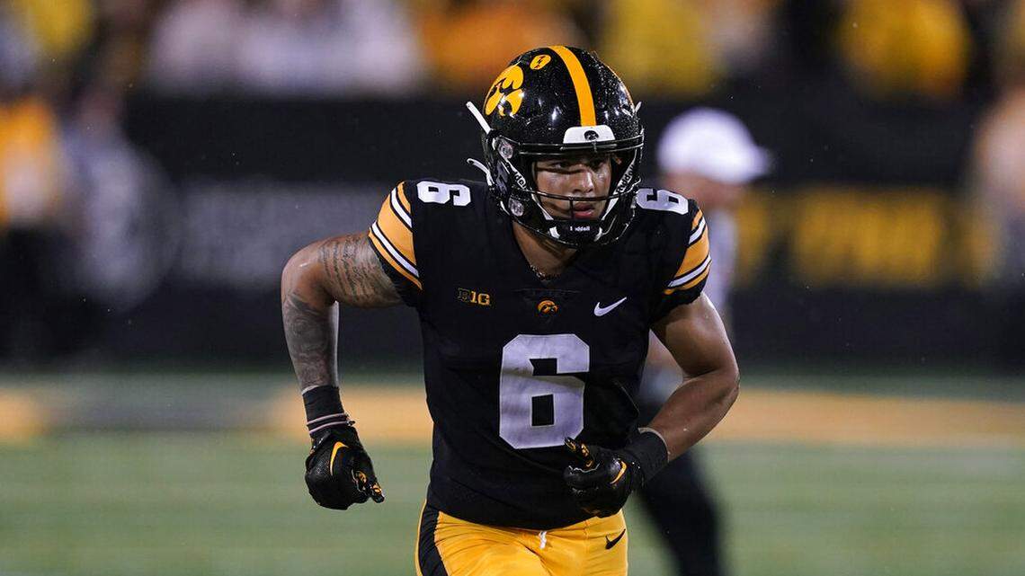 Iowa wide receiver Keagan Johnson (6) runs up field during the first half of an NCAA college football game against Nevada, Saturday, Sept. 17, 2022, in Iowa City, Iowa. (AP Photo/Charlie Neibergall)