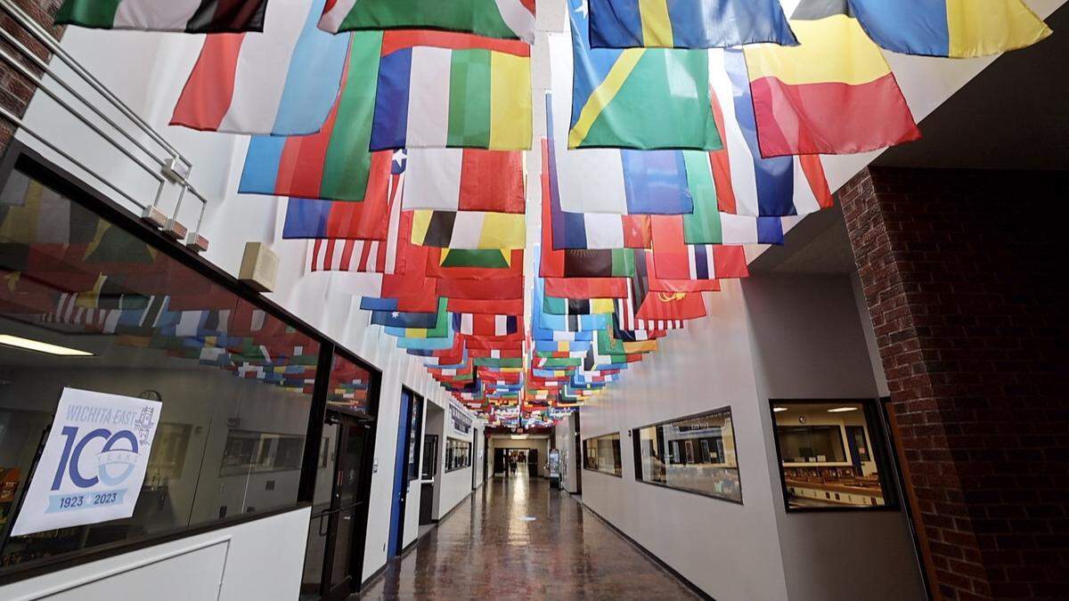 A hall of flags at East High represents each of the different countries that have associations with the school either through alumni connections or foreign exchange students.