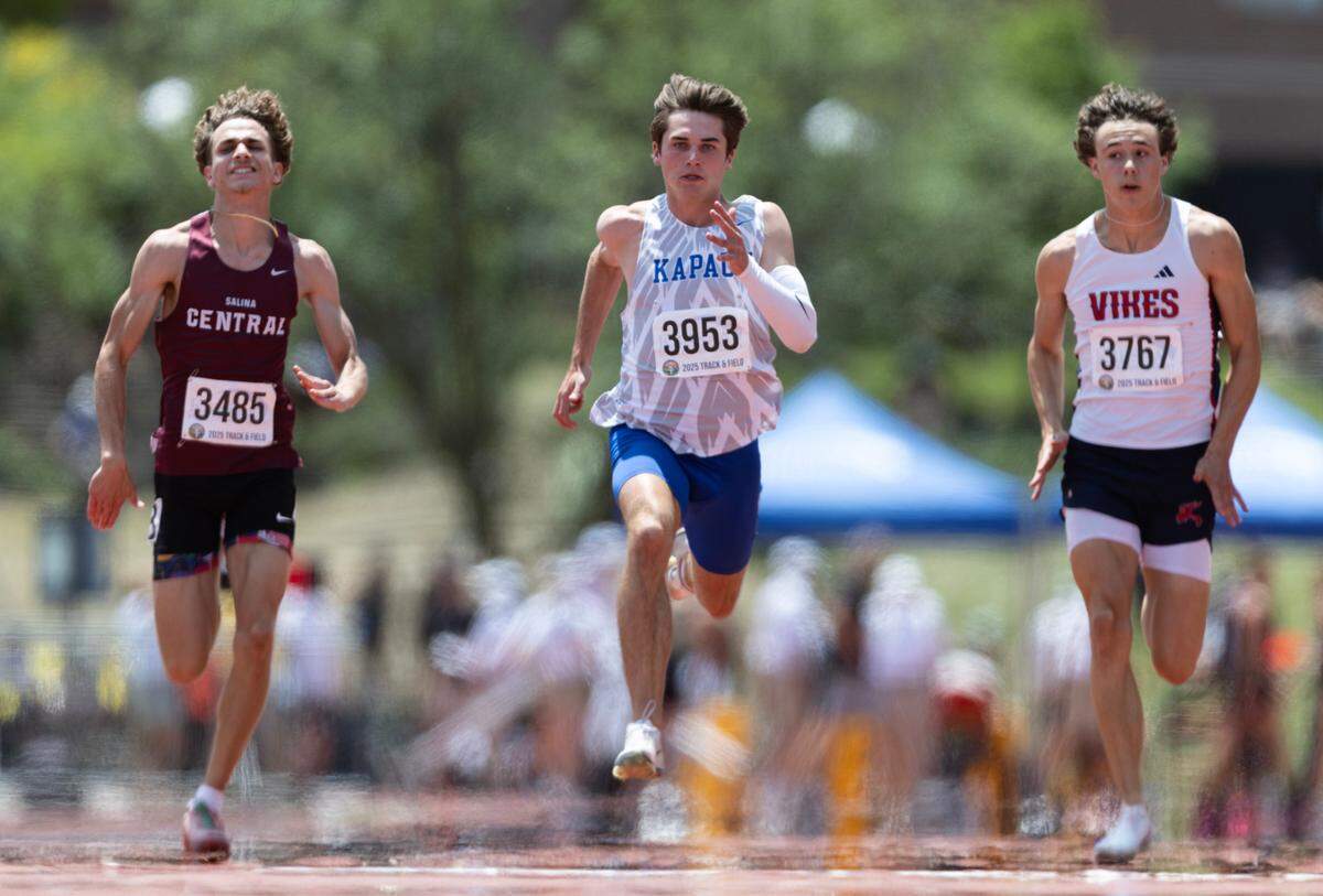 Kapaun’s Jack Guthridge was the winner of the 5A 100 meter dash on Saturday at Cessna Stadium. 