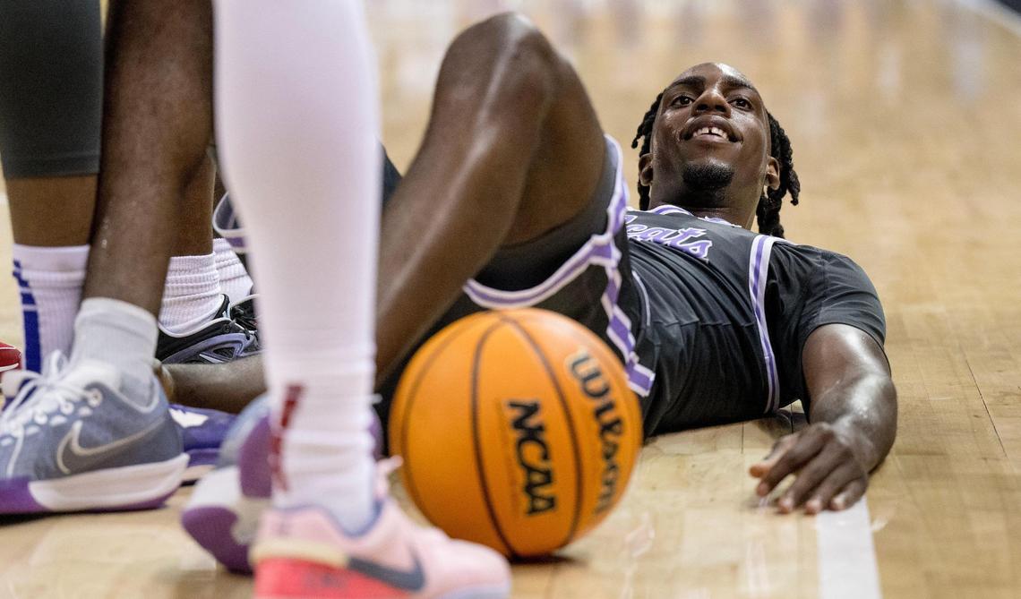 Kansas State Wildcats forward Arthur Kaluma (24) reacts after a tie-up was called by an official during an NCAA basketball game against the Iowa State Cyclones in the Big 12 men’s basketball tournament on Thursday, March 14, 2024, in Kansas City.