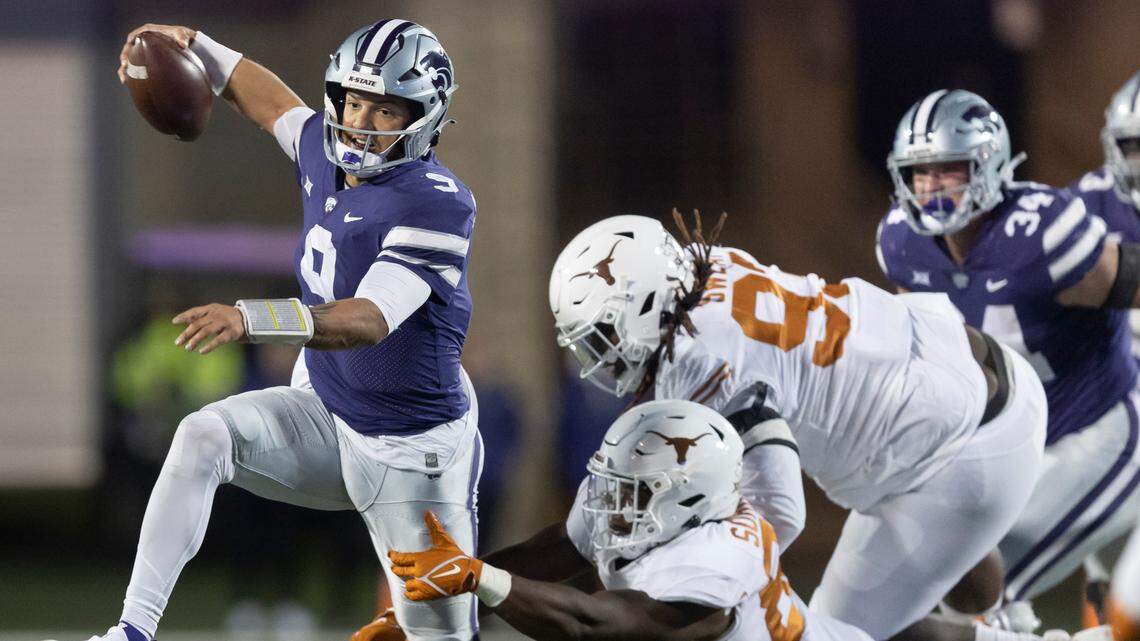 Kansas State quarterback Adrian Martinez breaks free from the Texas defense during the second half on Saturday in Manhattan, Kan (Nov. 5, 2022).