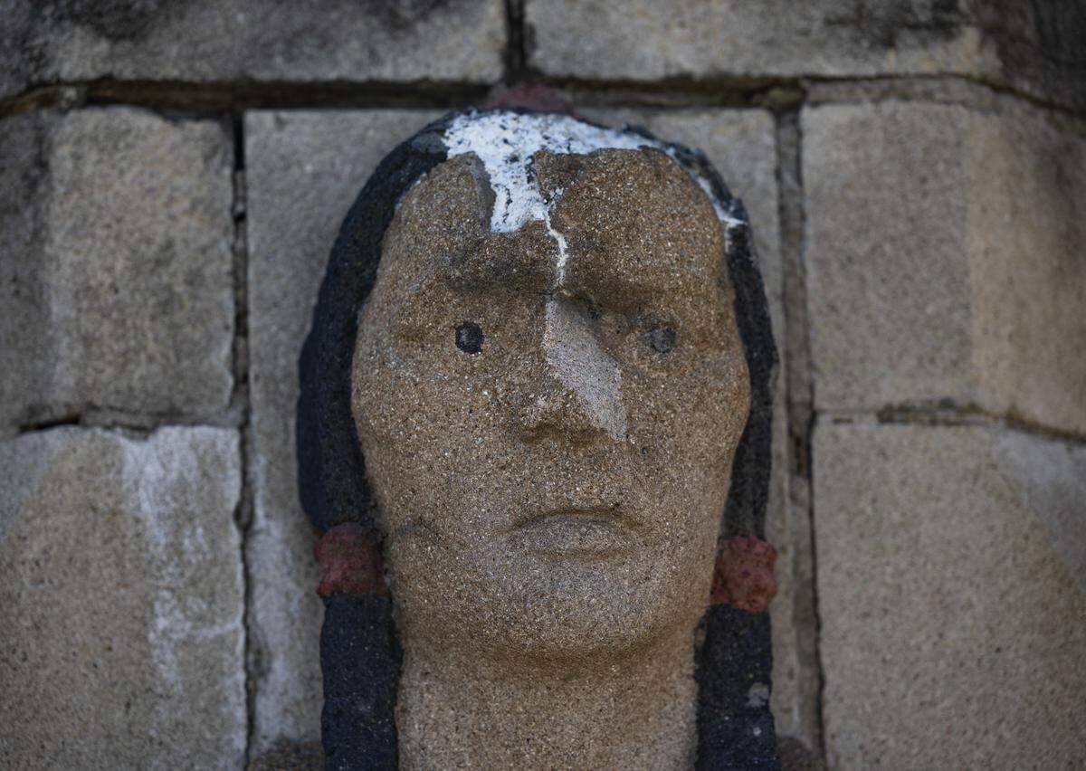 This Indian bust on the Minisa Bridge in Riverside is only one part of the 1932 structure in need of restoration.